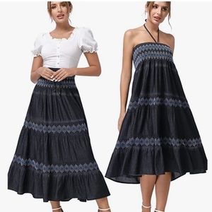 DREFBLUFY BLUE CHAMBRAY DENIM SMOCKED EMBROIDERED 2 in 1 Dress or MAXI S…